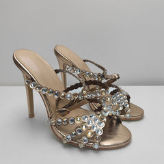 Solid color rhinestone stiletto buckle sandals