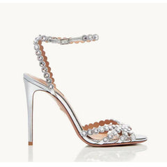 Solid color rhinestone stiletto buckle sandals