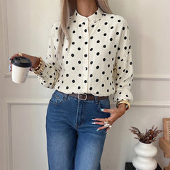 Stand collar polka dot off shoulder long sleeve shirt