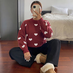 Oversized Crew-Neck Sweater with Heart Jacquard Pattern