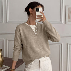 Loose-fitting double-layered V-neck faux two-piece sweater