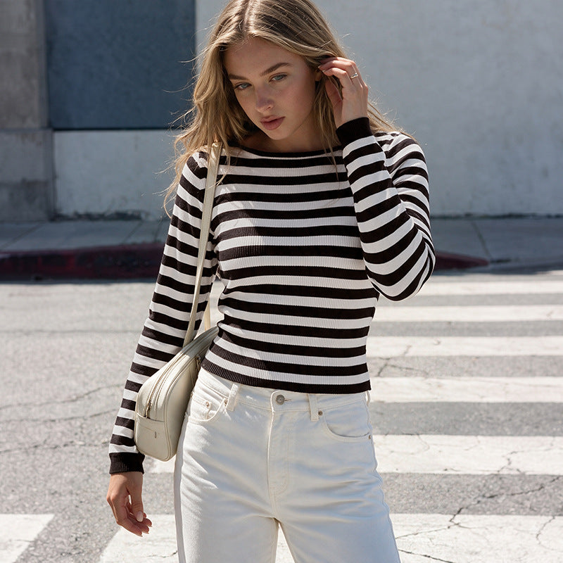 Striped boat-neck fitted sweater