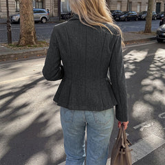Dark gray cropped blazer with a peplum hem