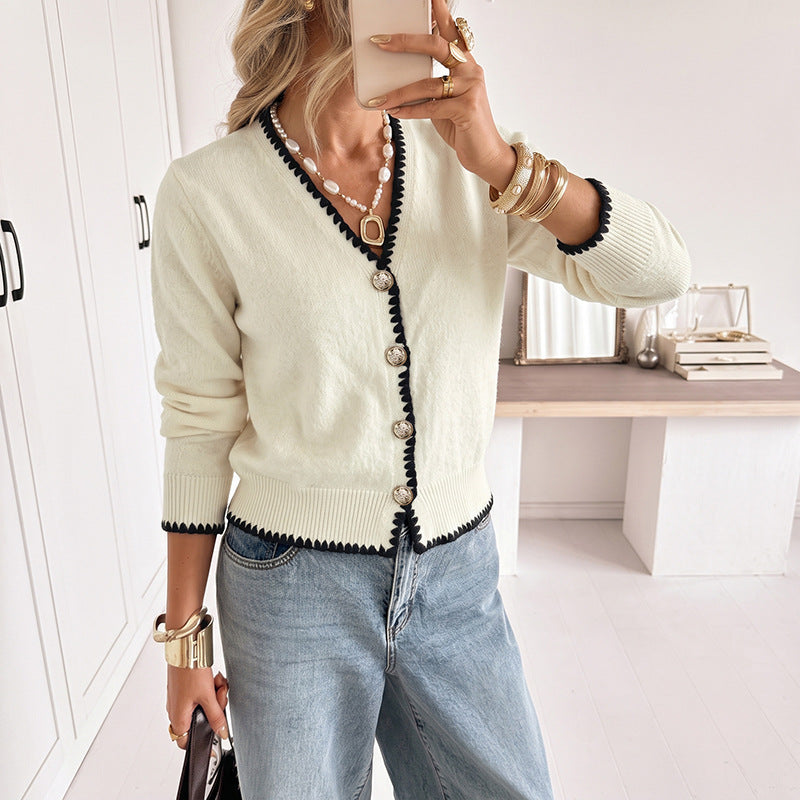 Color-block wave-edge V-neck knit cardigan