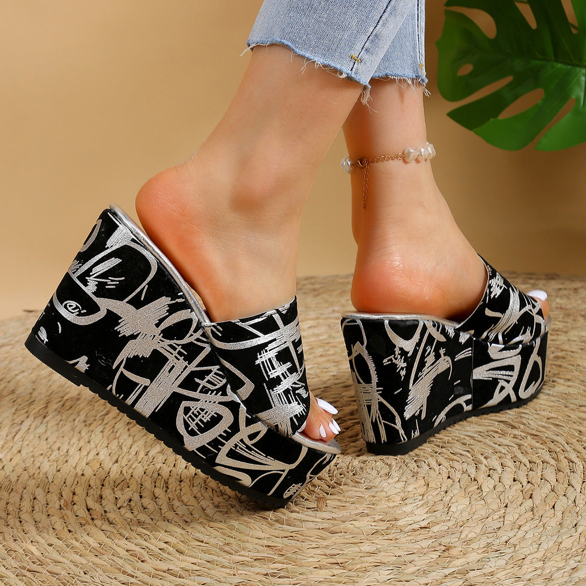 Ins Style Waterproof Platform Thick Heel Casual Slippers