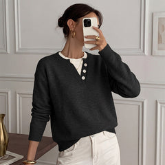Loose-fitting double-layered V-neck faux two-piece sweater