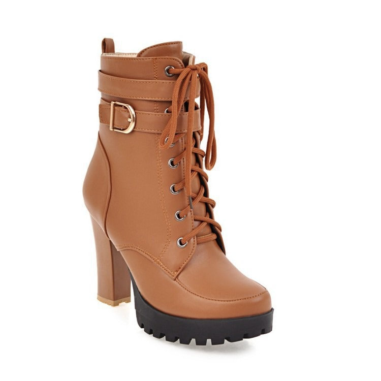 Buckle Lace-Up High Heel Low Boots