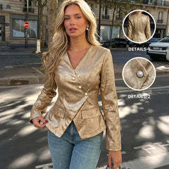 Gold-plated V-neck fitted long-sleeved suit jacket