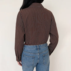 Collared striped long-sleeve shirt-style spliced bodysuit