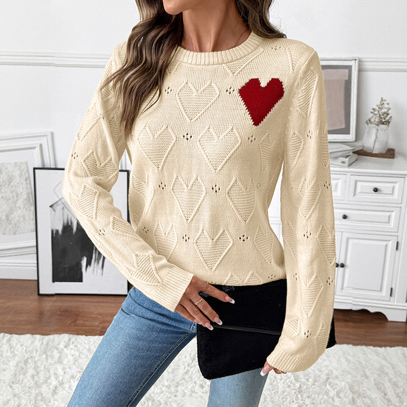 Heart-patterned jacquard pullover sweater
