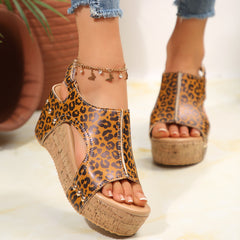 Rhinestone Animal Print Wedge Heel Sandals