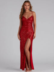 Spaghetti Straps Backless High Slit Slim Fit Sequin Gown - Red