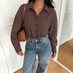 Collared striped long-sleeve shirt-style spliced bodysuit