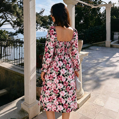 Square-neck long-sleeve floral dress