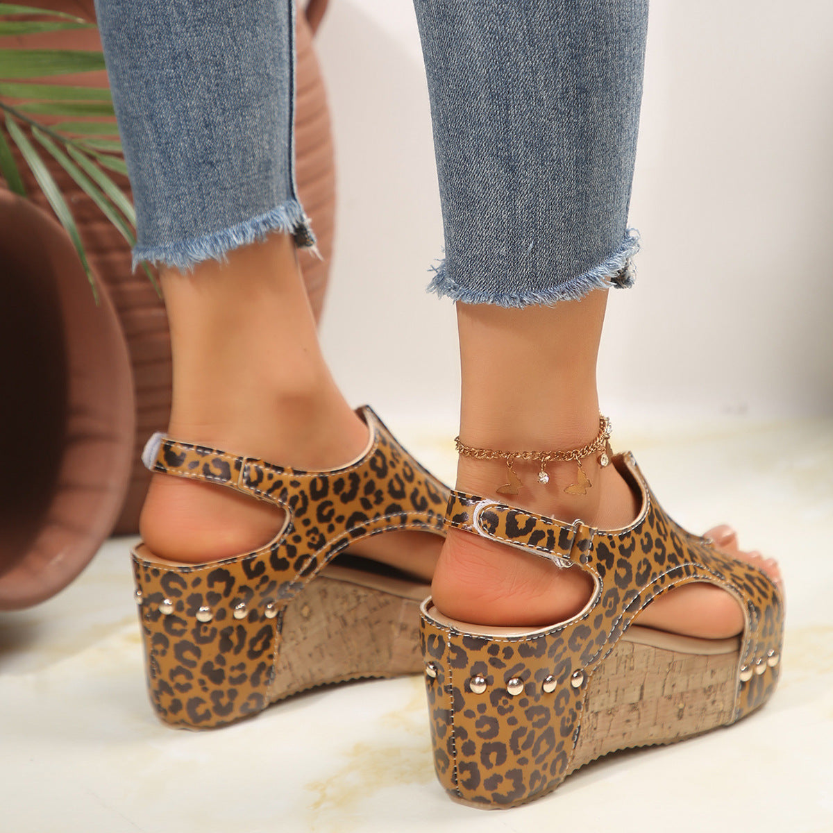 Rhinestone Animal Print Wedge Heel Sandals