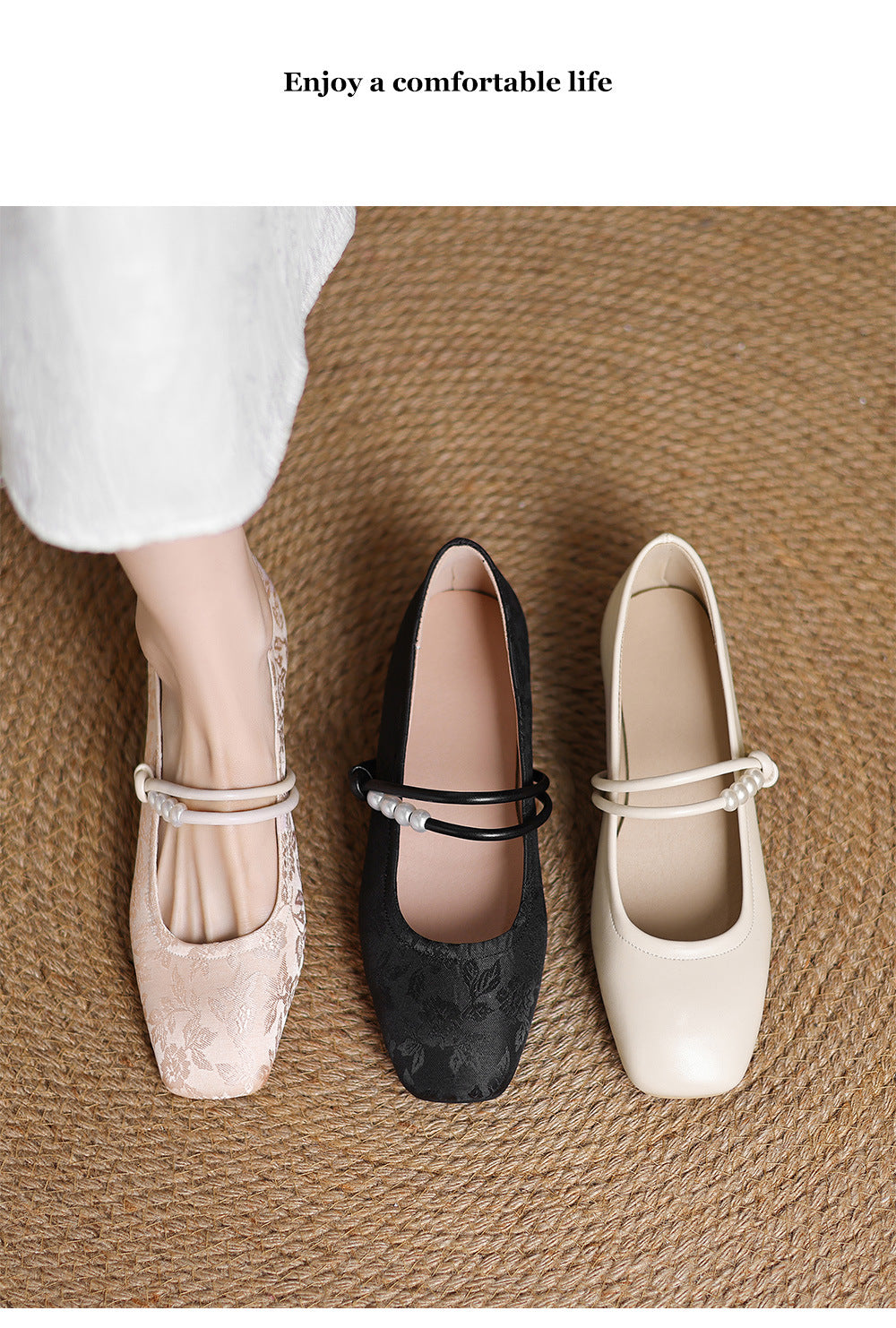Square Floral Print Mid Block Heel Shoes