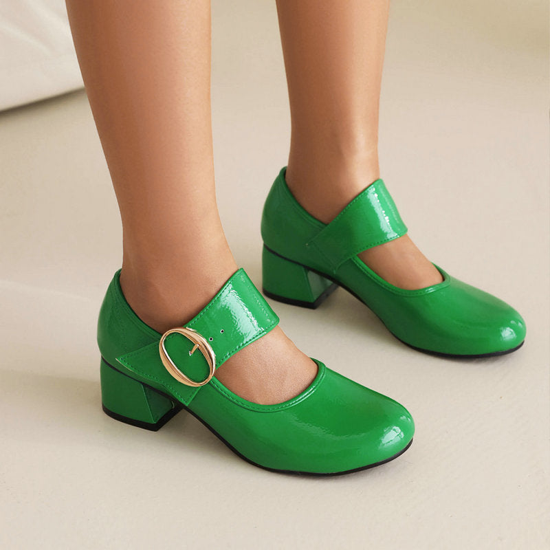 Patent Leather Mary Jane Shoes With Pearl Chunky Heels