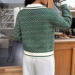 Diagonal-stripe half-placket sweater