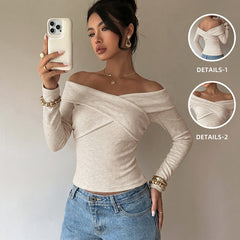 Solid-color off-the-shoulder T-shirt with a crossover neckline