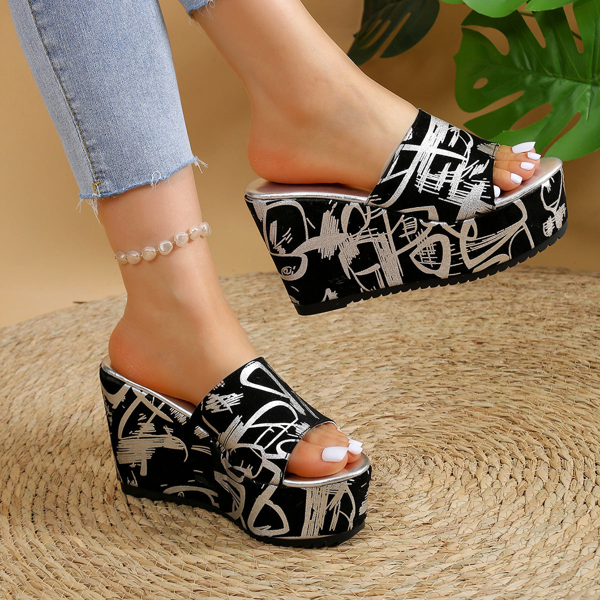 Ins Style Waterproof Platform Thick Heel Casual Slippers