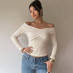 Solid-color off-the-shoulder T-shirt with a crossover neckline