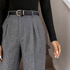 Grey vertical-striped high-waisted straight-leg wide-leg trousers