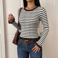 Knitted striped crew neck short-sleeved ruffled sweater