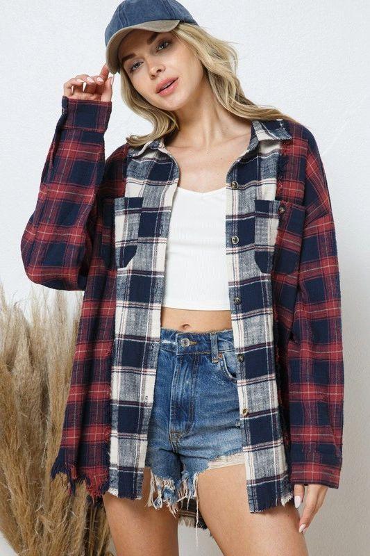 Giorgio Cotton Blend Crop Plaid Button Down Top