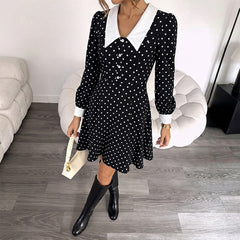 Collared long-sleeve dress with small polka dots