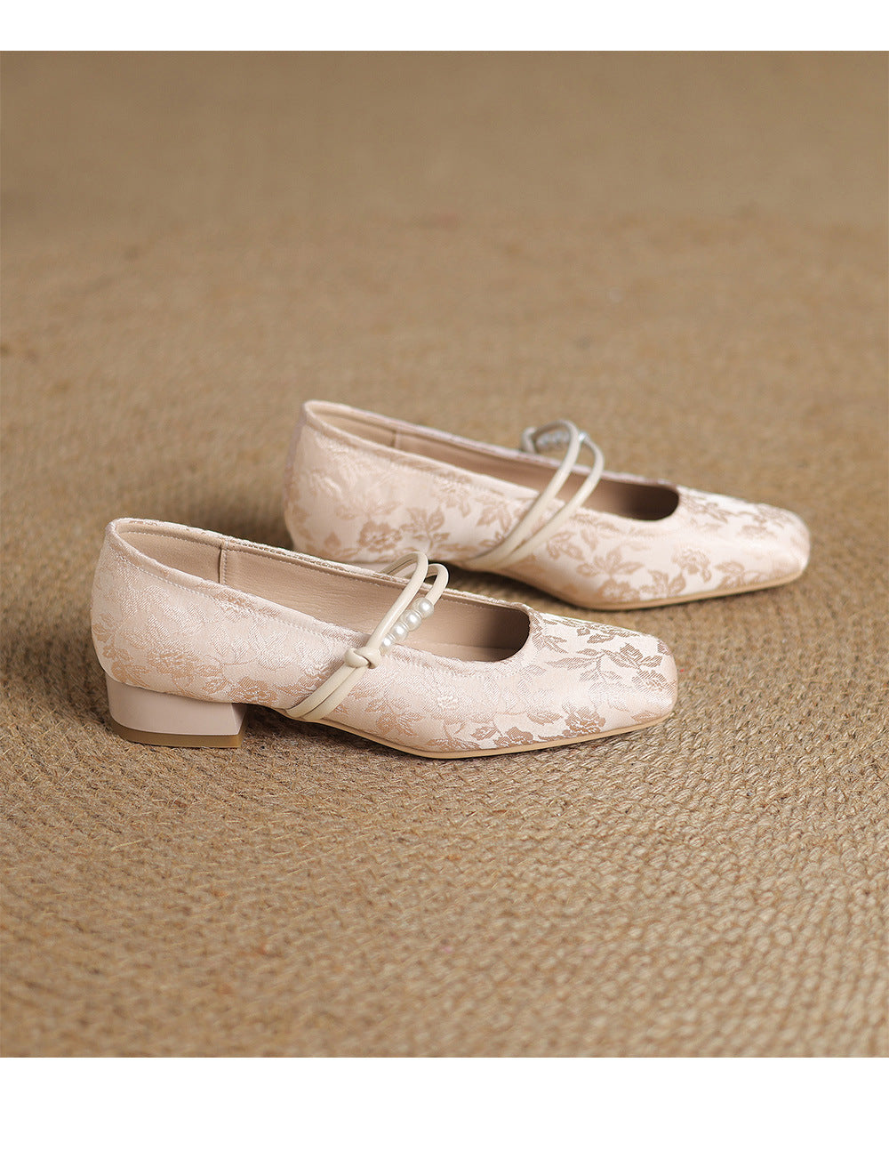 Square Floral Print Mid Block Heel Shoes