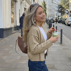 Relaxed-fit solid-color V-neck cropped knit cardigan