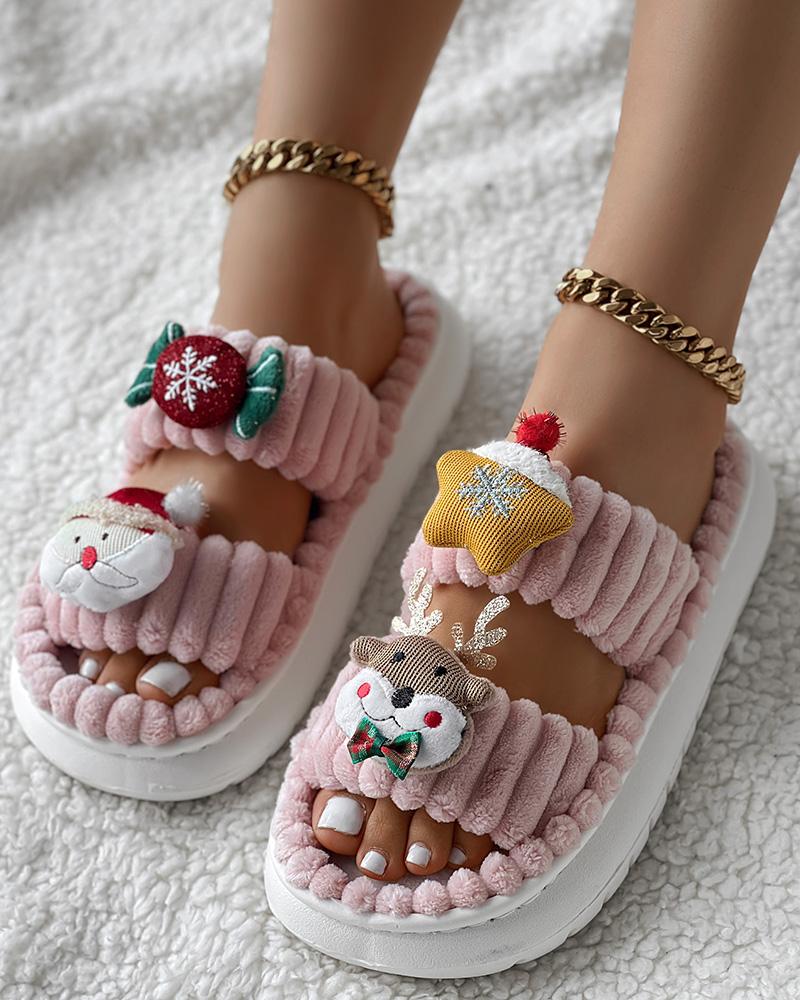 Christmas Cartoon Elk Santa Claus Pattern Fuzzy Winter Slippers