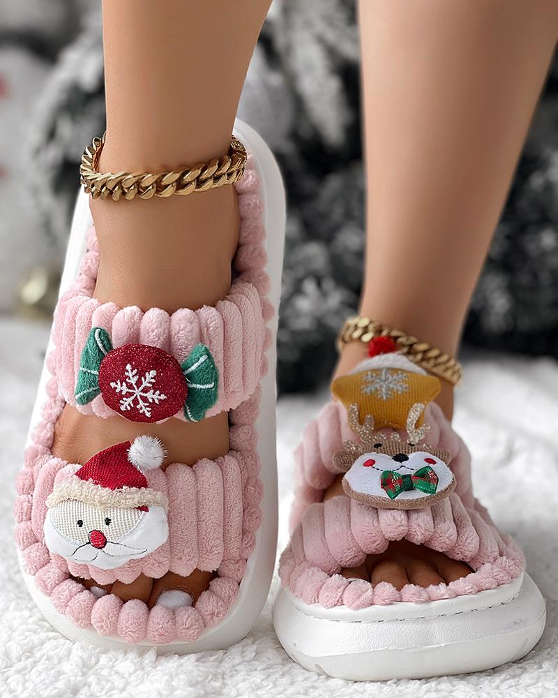 Christmas Cartoon Elk Santa Claus Pattern Fuzzy Winter Slippers