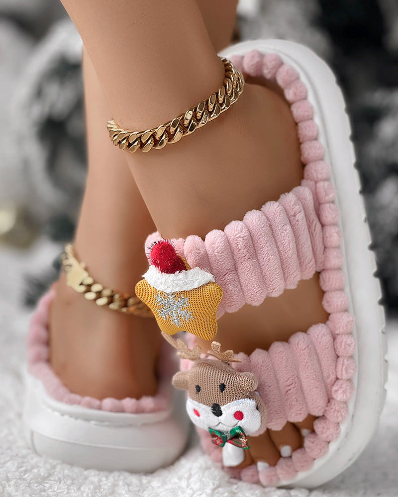 Christmas Cartoon Elk Santa Claus Pattern Fuzzy Winter Slippers