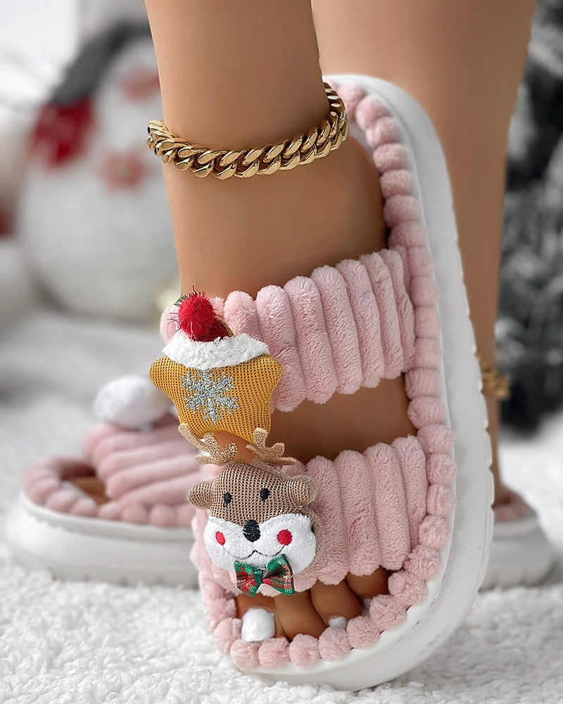 Christmas Cartoon Elk Santa Claus Pattern Fuzzy Winter Slippers