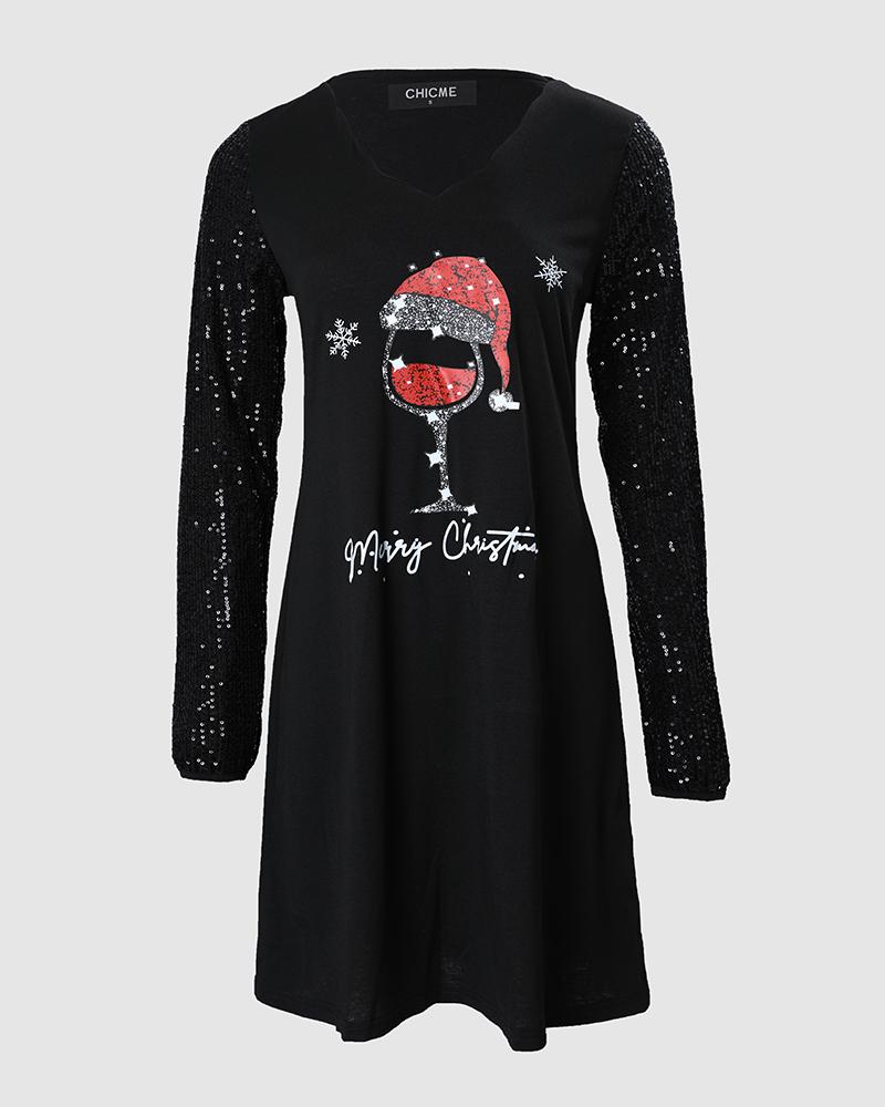 Christmas Wine Glass Print Long Sleeve Casual Dress