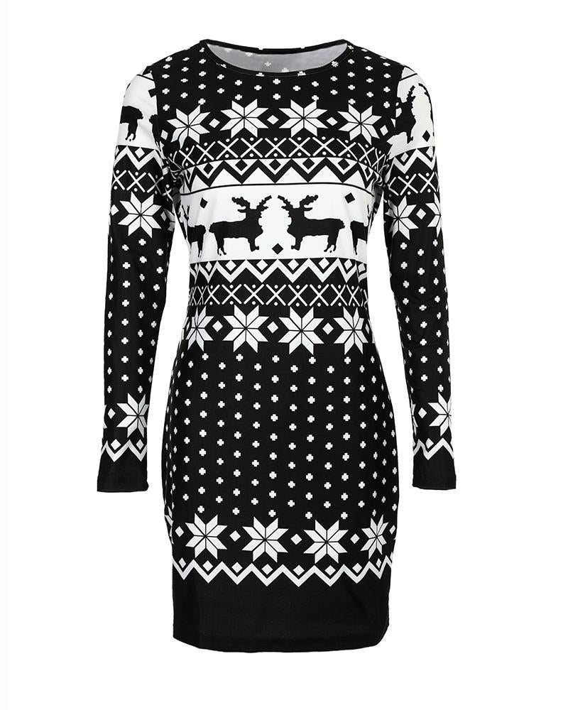 Weihnachts-Schneeflocken-Elch-Print Rundhalsausschnitt Bodycon-Kleid Slim Fit Langarm-Minikleid