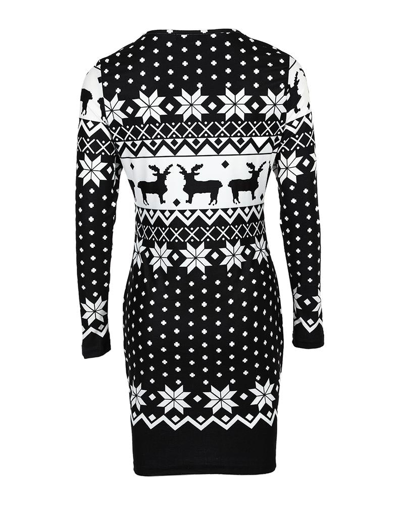 Weihnachts-Schneeflocken-Elch-Print Rundhalsausschnitt Bodycon-Kleid Slim Fit Langarm-Minikleid