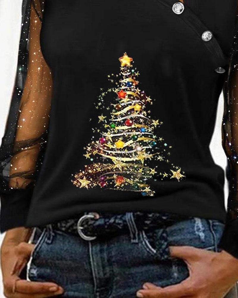 Langarm-Top aus transparentem Netzstoff mit Weihnachtsbaum-Print