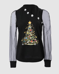 Top de manga larga de malla transparente con purpurina y estampado de árbol de Navidad