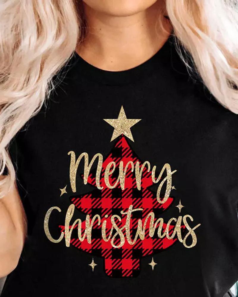 Camiseta informal con estampado de letras y árbol de Navidad a cuadros