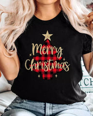 Camiseta informal con estampado de letras y árbol de Navidad a cuadros