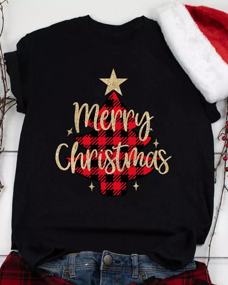 Camiseta informal con estampado de letras y árbol de Navidad a cuadros