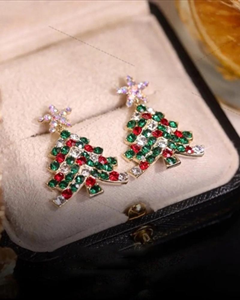 1Pair Rhinestone Decor Christmas Tree Shaped Earrings