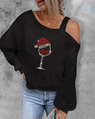 Christmas Wine Glass Print Cold Shoulder Top