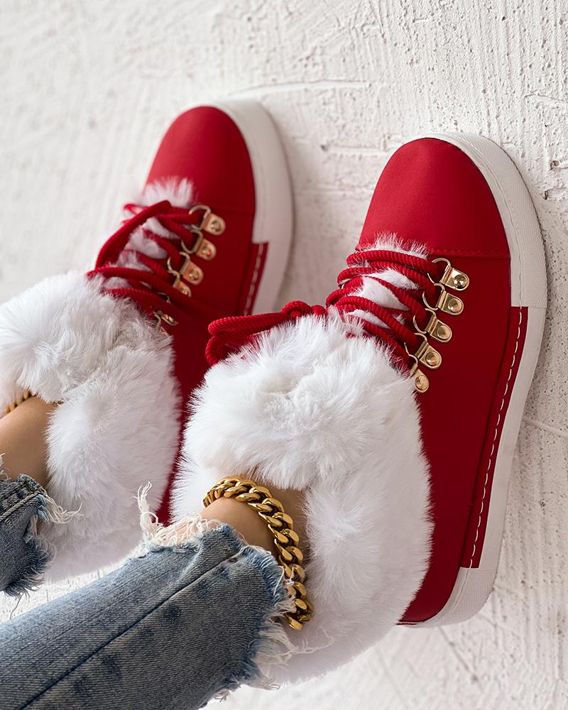 Lace up Fuzzy Detail Lined Ankle Boots