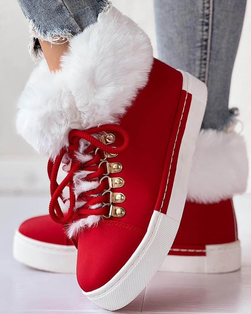 Lace up Fuzzy Detail Lined Ankle Boots