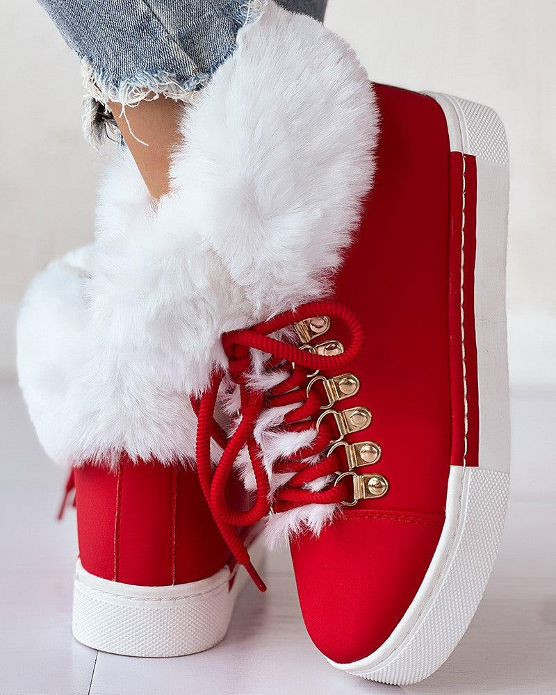 Lace up Fuzzy Detail Lined Ankle Boots