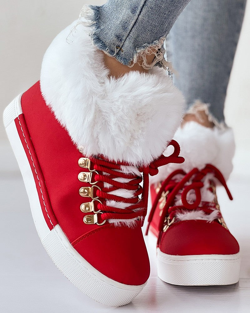 Lace up Fuzzy Detail Lined Ankle Boots