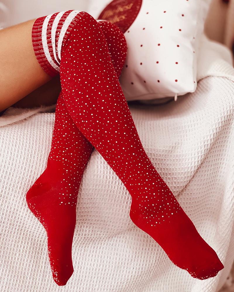 1Pair Christmas Striped Print Rhinestone Decor Long Socks